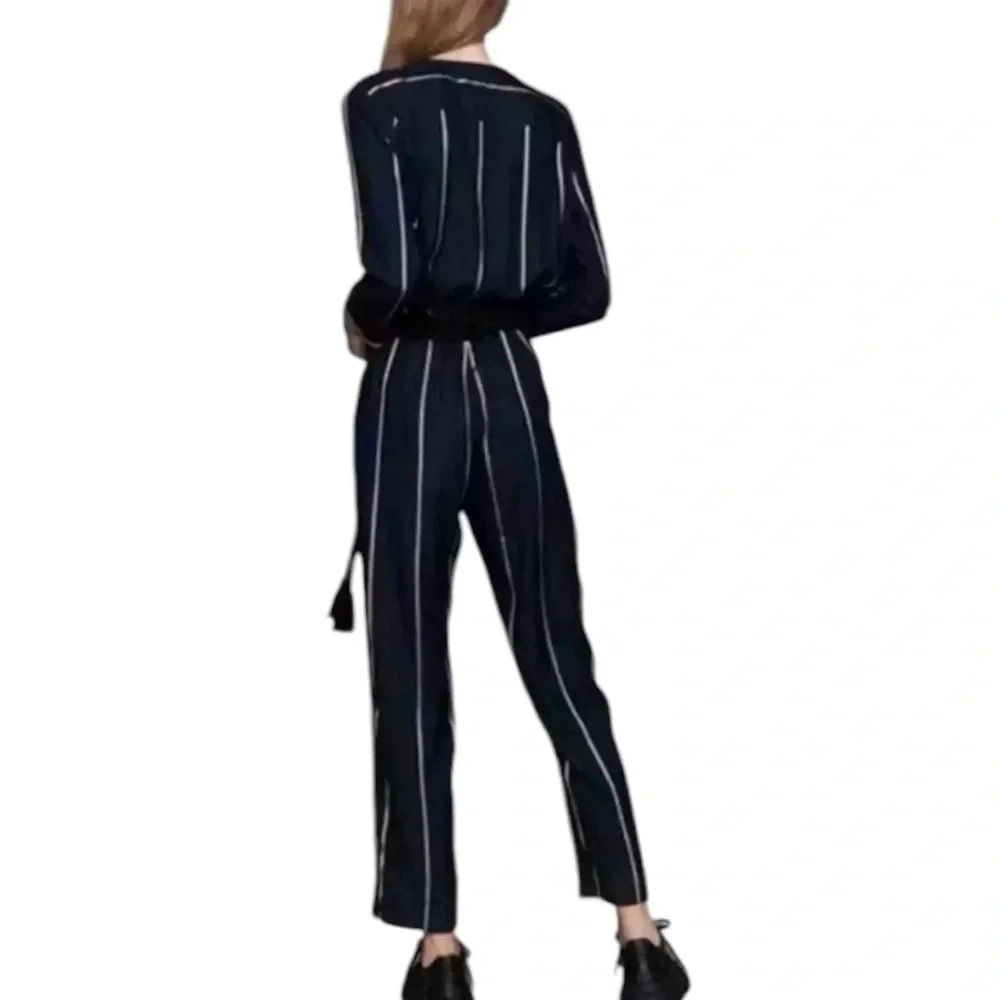 Maje Pinstripe Surplice Bodice Jumpsuit Navy Blue Size S - Picture 4 of 16